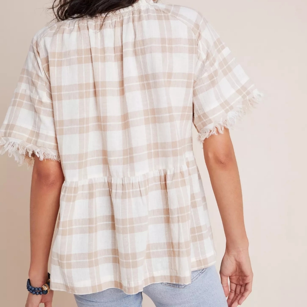 Anthro pilcro linen plaid oversized babydoll boho top XS *C5 - Picture 3 of 8